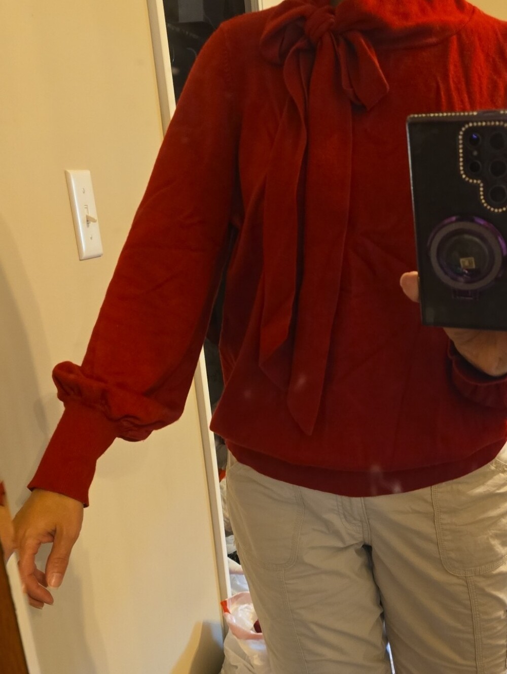 Red Bow Tie Neck Pullover Sweater